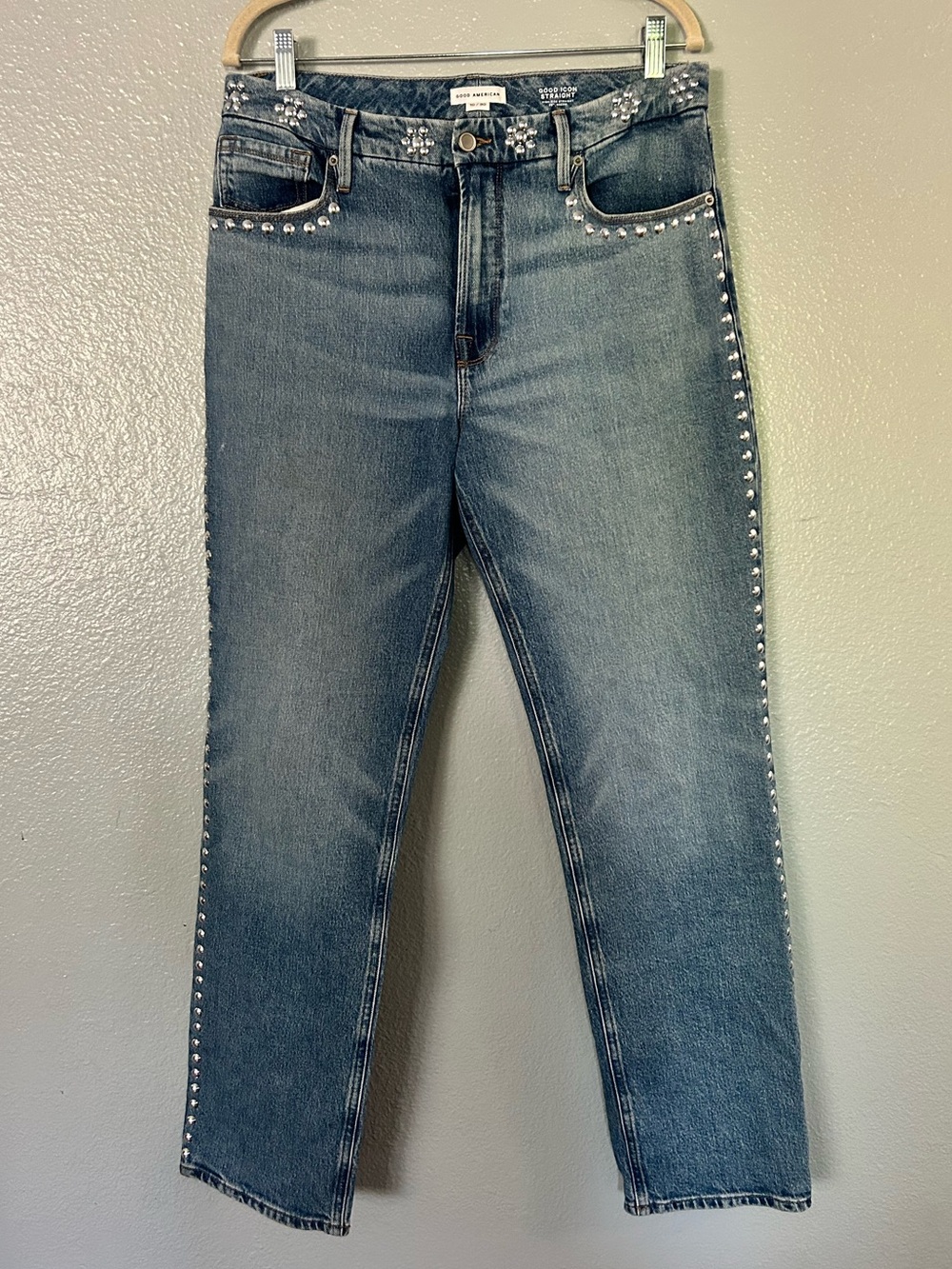 Good American Good Straight Studded Denim Jeans Size 10 30 Premium Blue